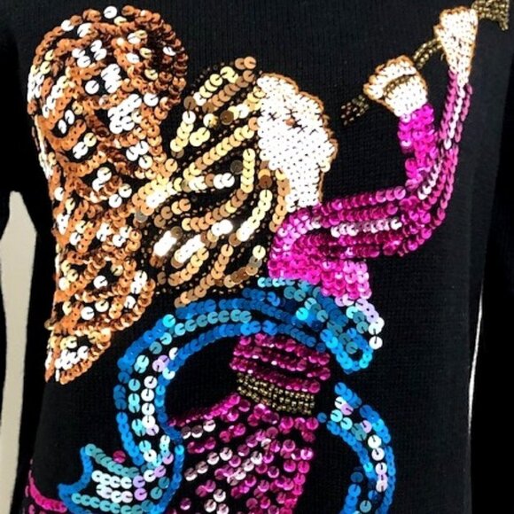 𝅺quacker Factory Black Sequin Christmas Angel Holiday Pullover Sweater - Picture 3 of 5